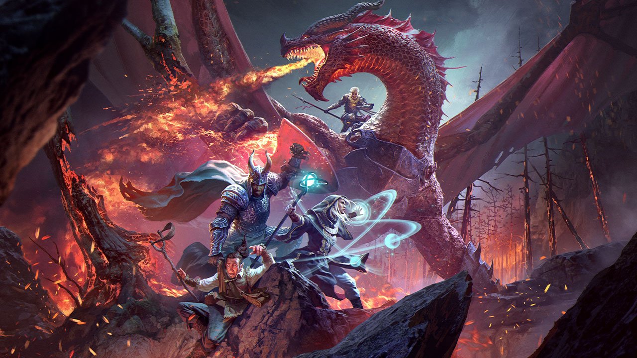 Um grupo de aventureiros luta contra um dragão.