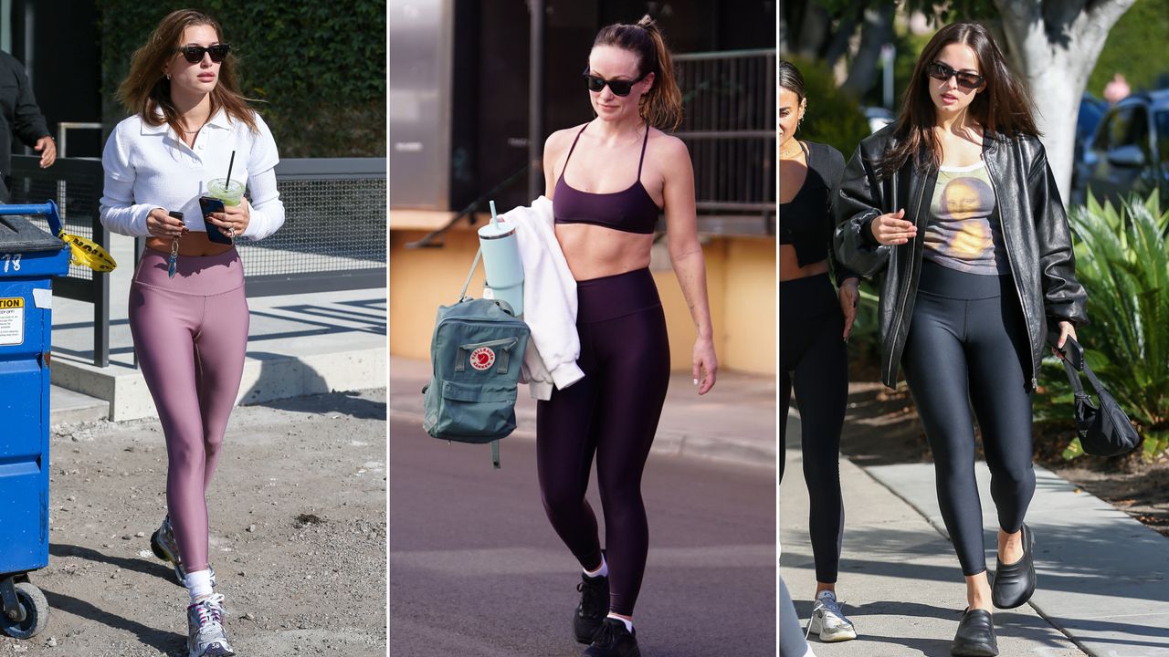 Split image of Hailey Bieber, Olivia Wilde, and Addison Rae in Alo yoga airlift leggings