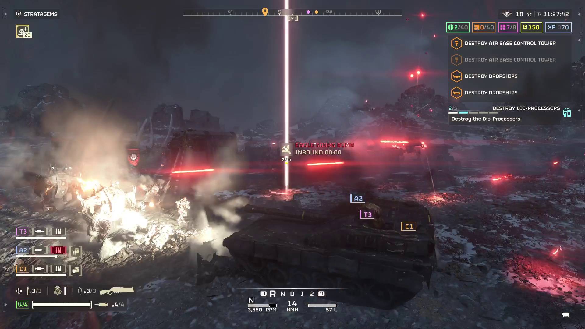 Helldivers 2 Bastion tank near an automaton base with automatons directly ahead of it