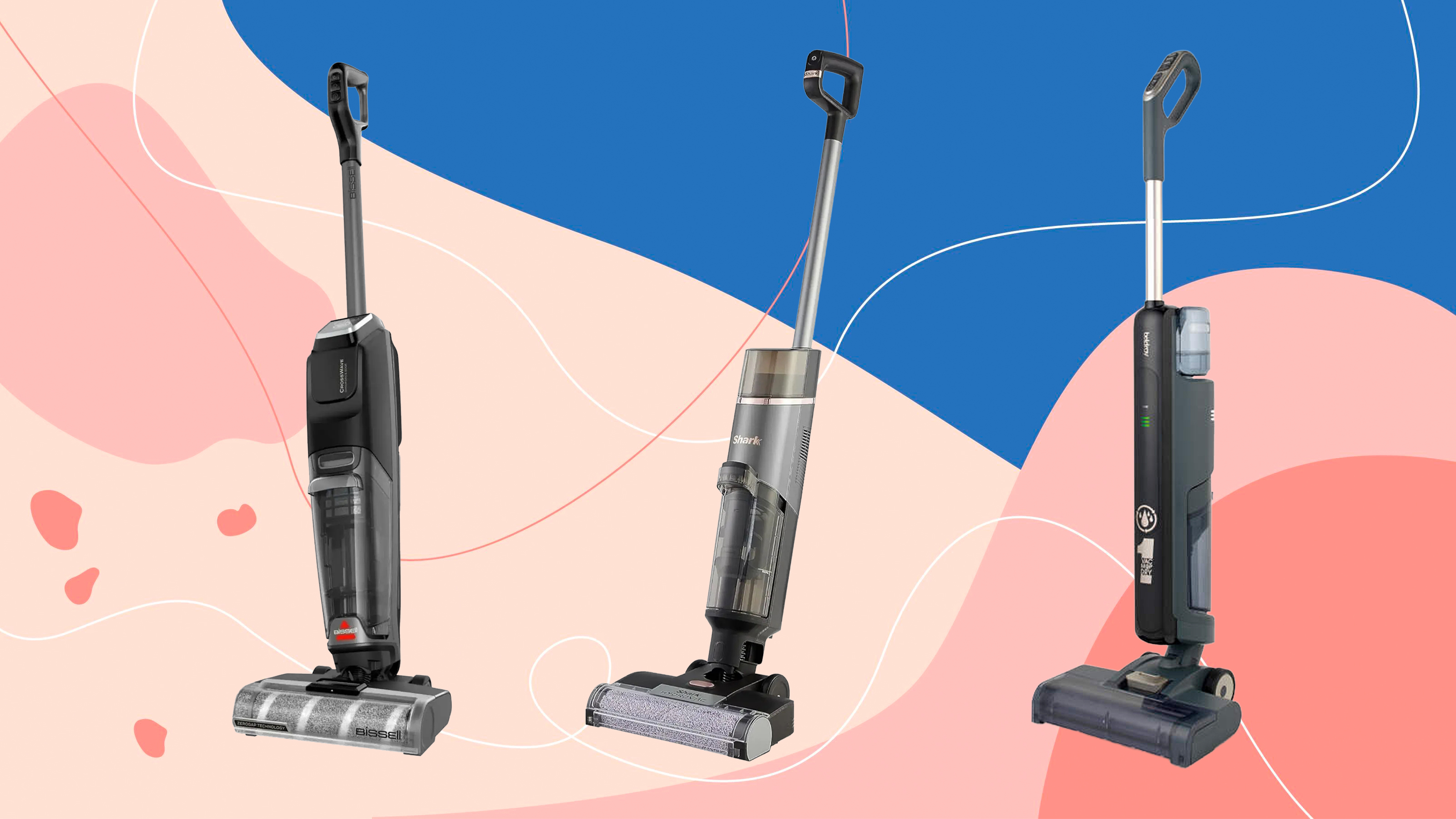 three vacuum mops on a pink and blue background
