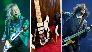 Kirk Hammett plays his Mummy ESP onstage with Metallica. In the middle of this comp'd image is the Thinline custom Triplecaster Hammett commissioned then gifted to White. On the right, White plays his Fender Triplecaster with the yellow pickguard.