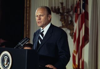 President Gerald Ford (1913 - 2006) delivers a speech after taking his presidential oath in the East Room of the White House in Washington on August 9th, 1974.