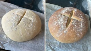 Uncooked and cooked bread side-by-side