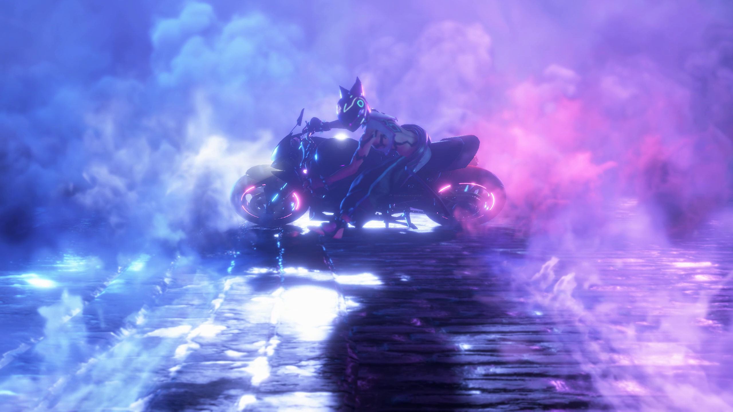 Juri entering on her bike with two colourful smoke plumes behind her.
