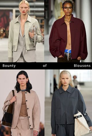 a collage of models on the runway wearing the spring trend: blouson jackets