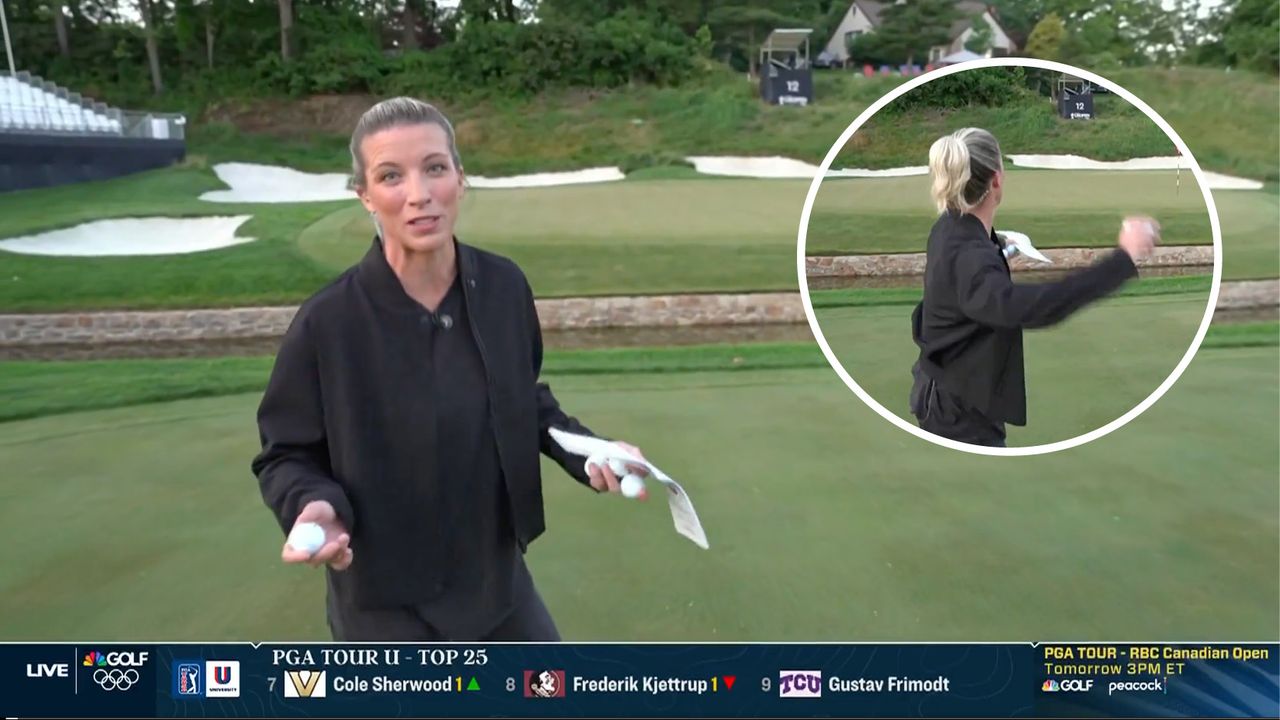 Screenshot of Mel Reid doing piece to camera on the 12th hole at Lancaster Country Club during the 2024 US Women&#039;s Open