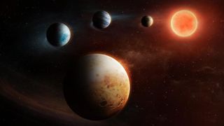 An illustration of a series of planets in a semicircle with a sun-like star of glowing gas toward the right of the image. The planets in the background are bluer while the one planet in the foreground is yellow and orange