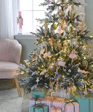 pink silver and blue candy inspired christmas tree in a neutral living room