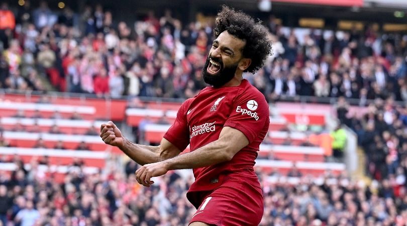 Mohamed Salah celebrates his winner for Liverpool against Nottingham Forest in April 2023.