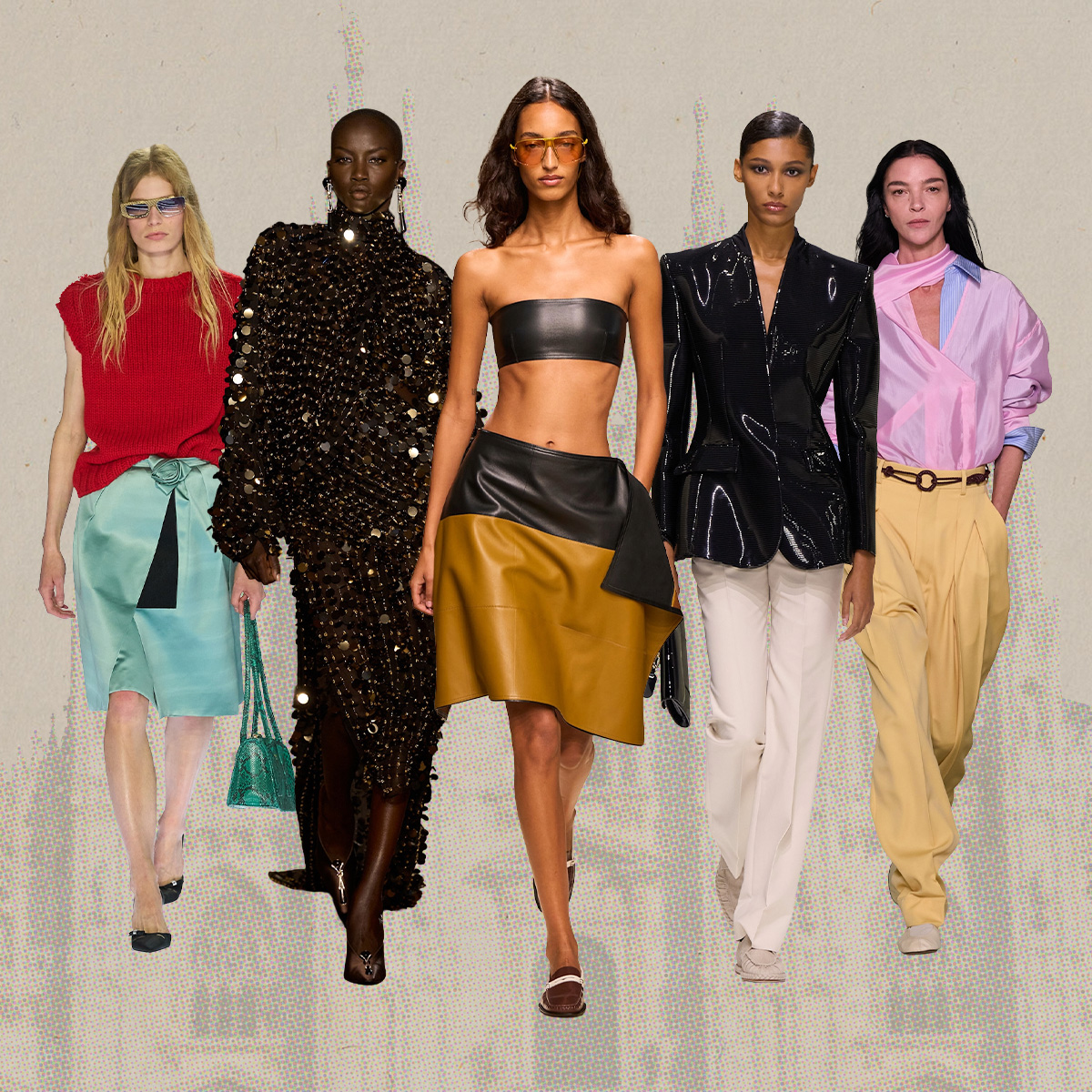 a collage of runway images of the major trends from the Milan Fashion Week spring/summer 2027 shows
