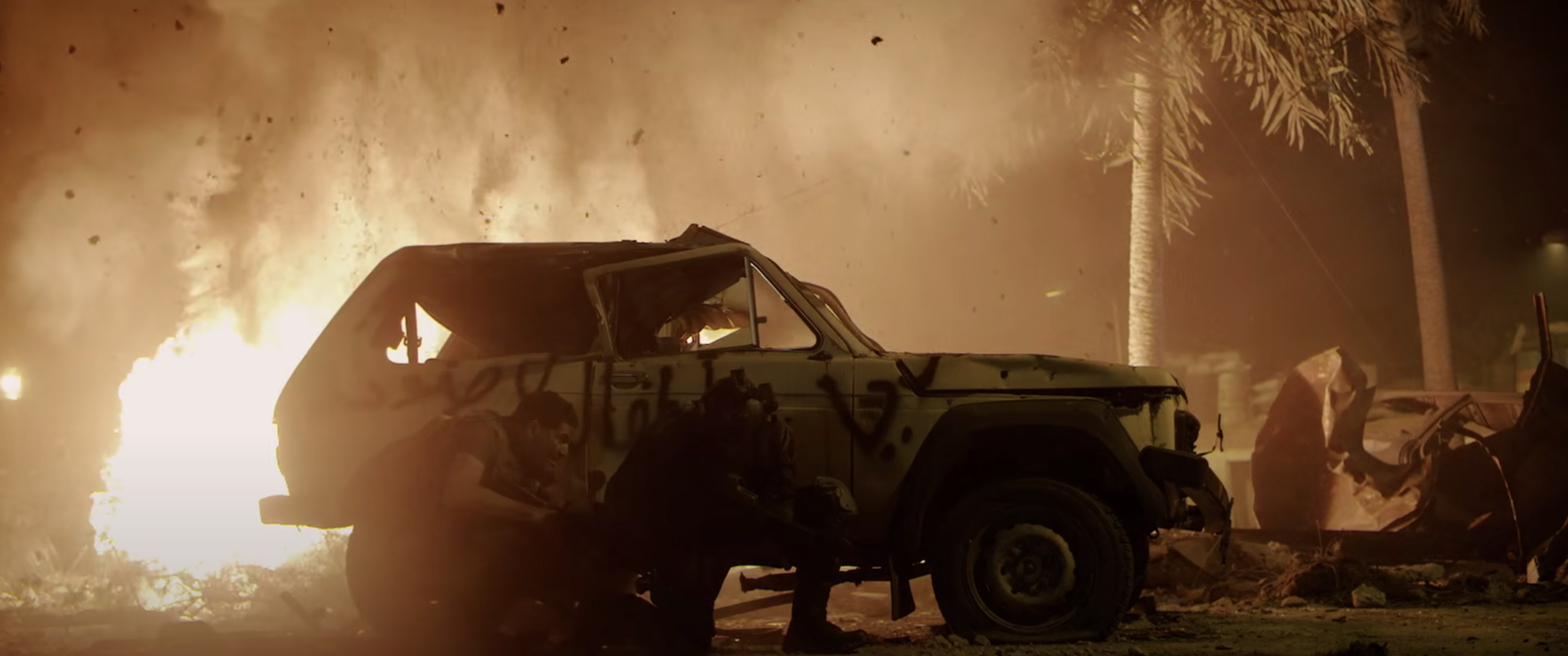 An explosion in front of a car in Jarhead Law of Return, one of the best netflix war movies