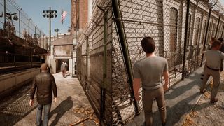 A split-screen screenshot of co-op game A Way Out and the characters in the prison