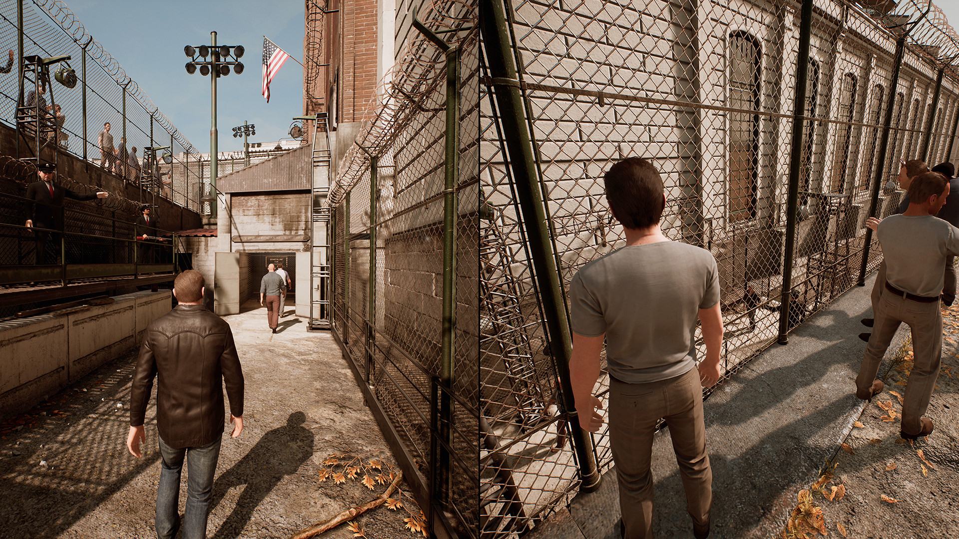 Split screenshot of cooperative games a way out and characters in prison