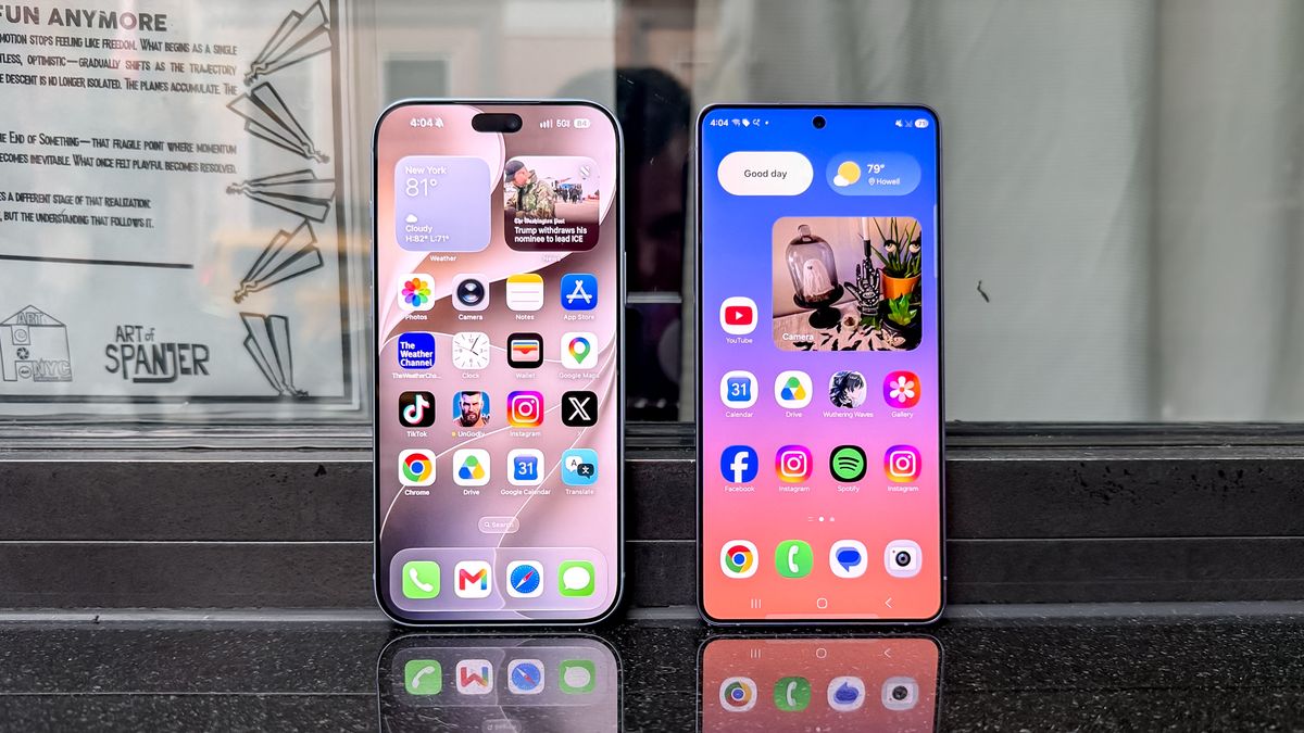 The iPhone 18 Pro Max and Galaxy S26 Ultra side by side standing upright