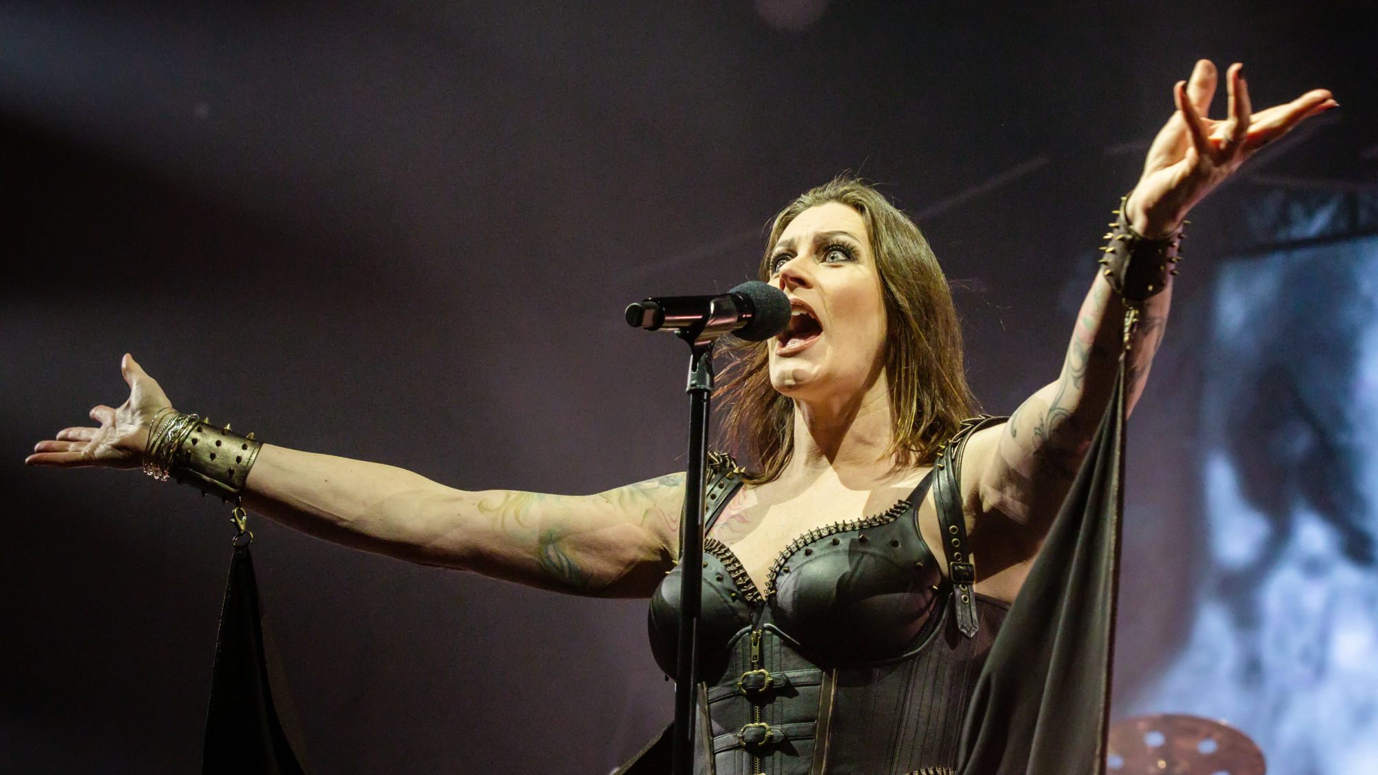 Singer Floor Jansen of the Finnish band Nightwish performs live on stage during a concert at the Max-Schmeling-Halle on November 25, 2022