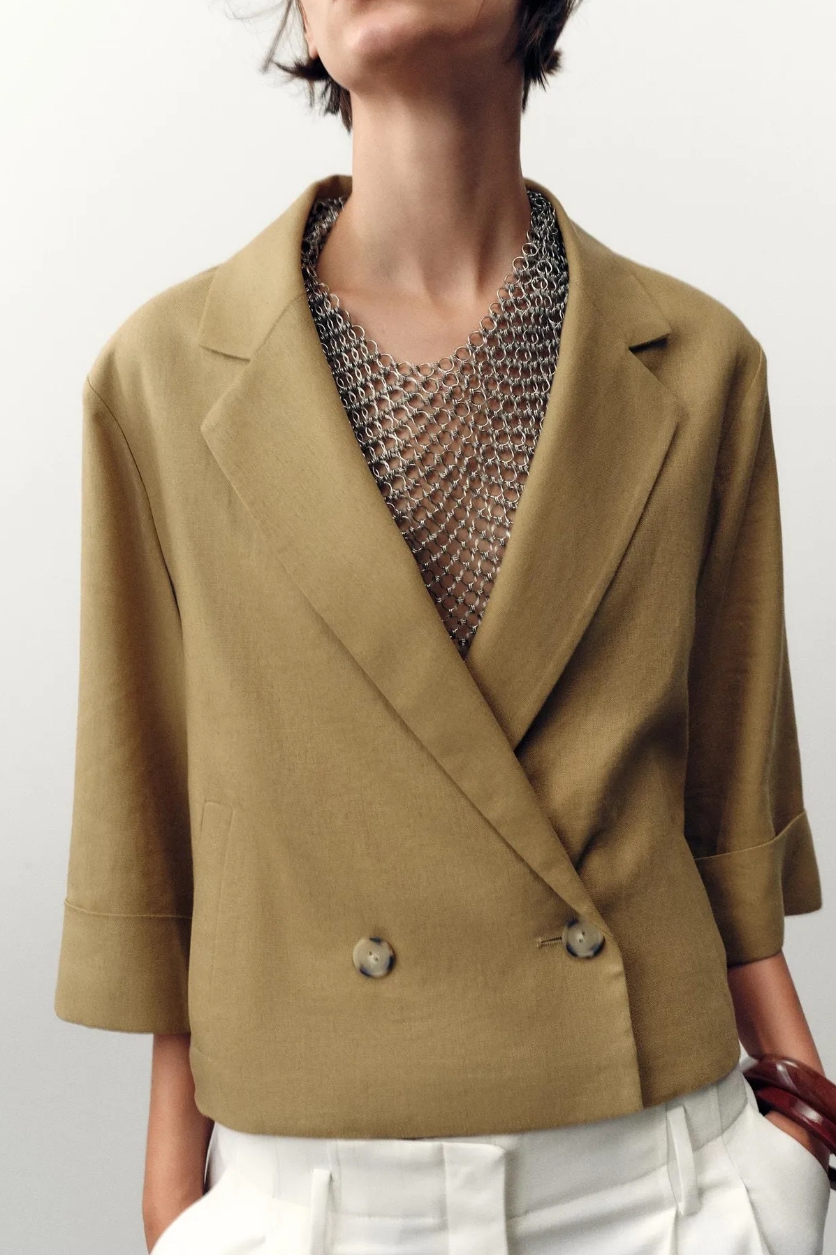 Zara, Linen Double Breasted Short Blazer