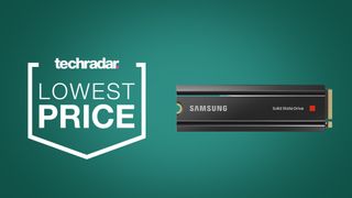Samsung 980 Pro Heatsink PS5 SSD deal header on green background with lowest price badge