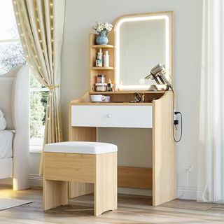 Likimio Small Makeup Vanity Desk With Mirror and Lights, Vanity Table Set With Storage Drawer, Chair and Three Shelves, Bedroom, Wood