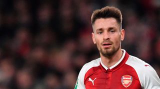 Arsenal's French defender Mathieu Debuchy plays during the English League Cup quarter-final football match between Arsenal and West Ham United at the Emirates Stadium in London on December 19, 2017. / AFP PHOTO / Ben STANSALL / RESTRICTED TO EDITORIAL USE. No use with unauthorized audio, video, data, fixture lists, club/league logos or 'live' services. Online in-match use limited to 75 images, no video emulation. No use in betting, games or single club/league/player publications. / (Photo credit should read BEN STANSALL/AFP via Getty Images)