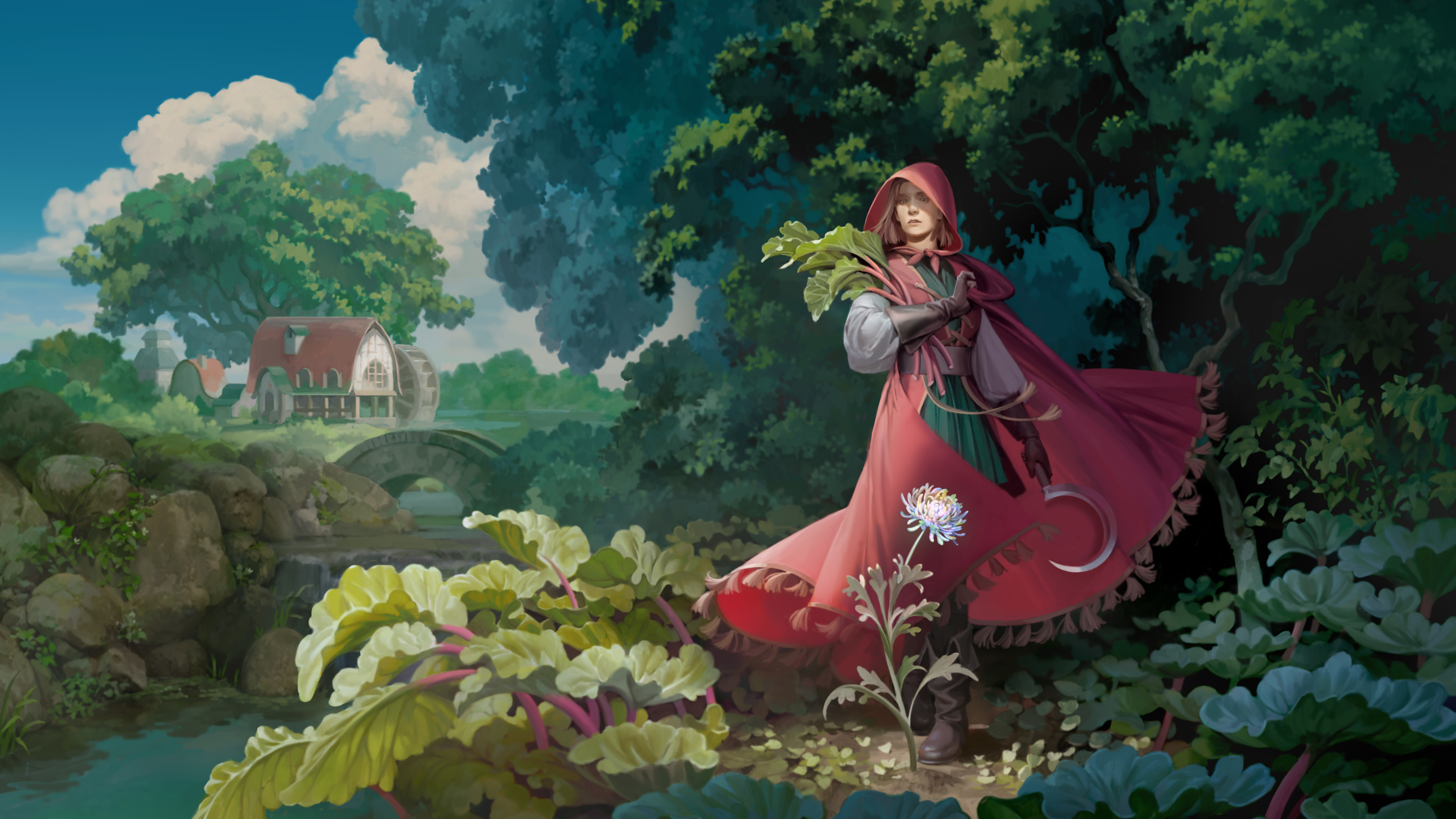 A character in a flowing red dress and hood stands in a forested area, with a bridge over water and a cottage in the background