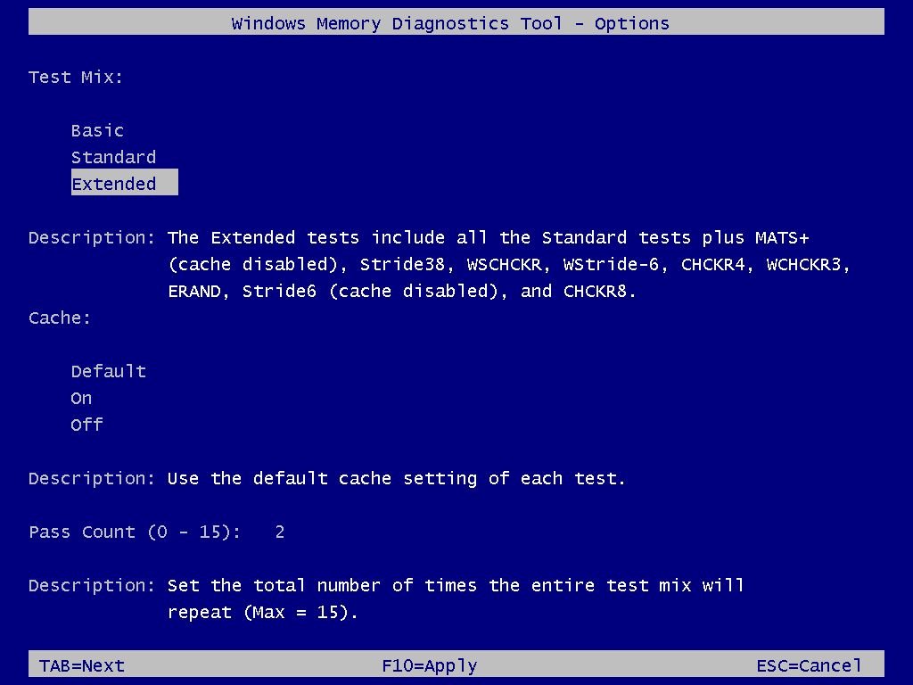 Memory Diagnostic Extended Settings