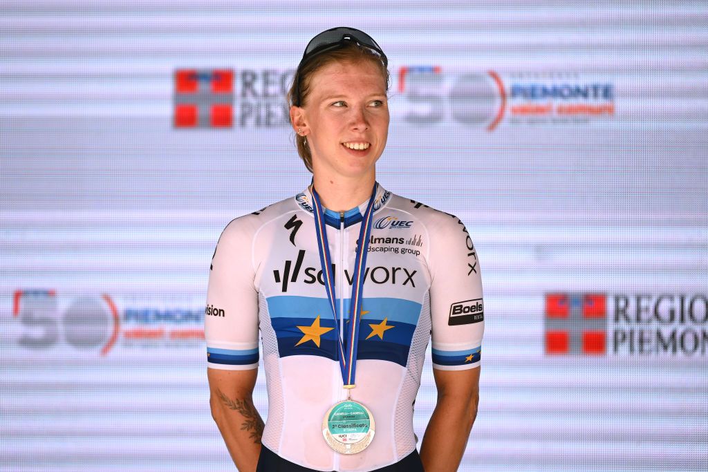 CANELLI ITALY JULY 05 Lorena Wiebes of The Netherlands and Team SD Worx celebrates at podium as second place winner during the 34th Giro dItalia Donne 2023 Stage 6 a 1044km stage from Canelli to Canelli 315m UCIWWT on July 05 2023 in Canelli Italy Photo by Dario BelingheriGetty Images