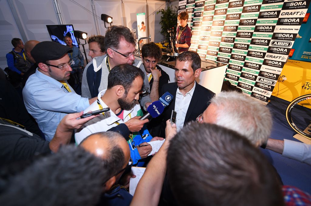 Bora-Argon 18 team manger Ralph Denk talking with the press