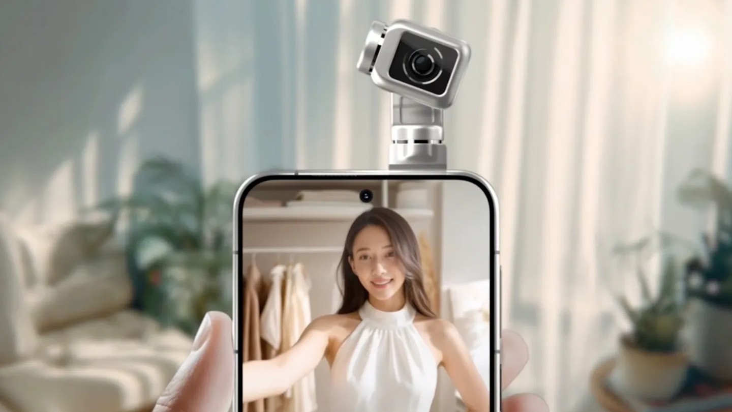 A hand holds a smartphone featuring a unique, motorized gimbal camera module on top that is pointed toward a woman displayed on the screen.