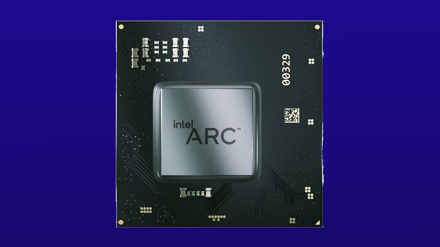 Imagen promocional de la GPU de la computadora portátil Intel Arc sobre fondo azul