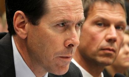 AT&T boss Randall Stephenson (left) during a hearing in May regarding the proposed AT&T and T-Mobile merger, which was blocked Wednesday by a DOJ lawsuit.