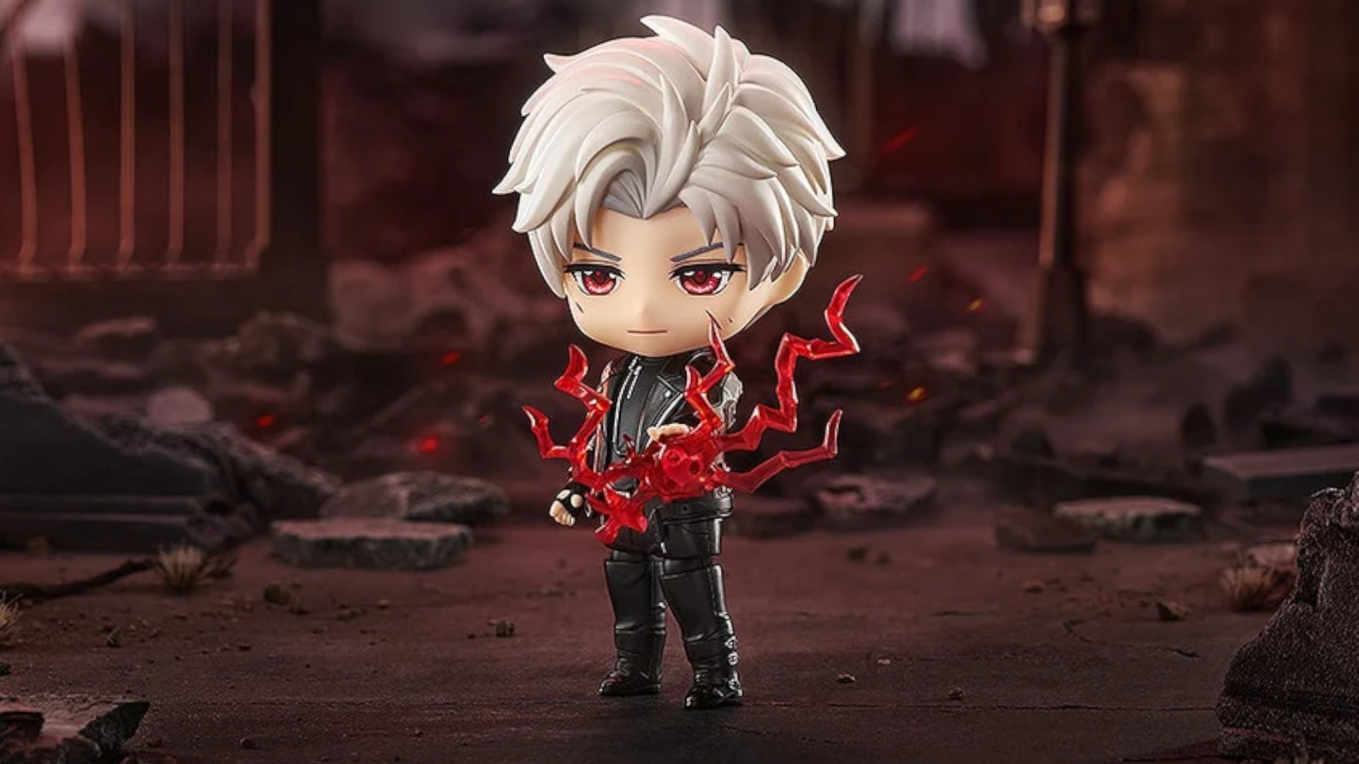 Nendoroid Sylus figure on a battlefield, holding a red energy effect