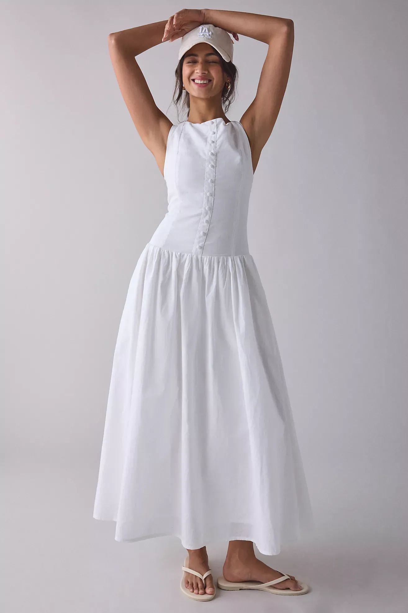 Kiss the Sky Boatneck Button-Front Drop Waist Midi Dress