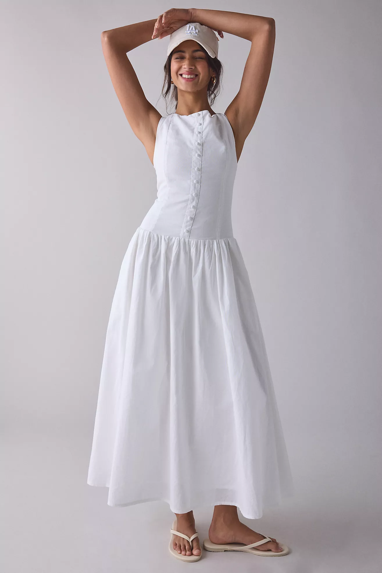 Kiss the Sky Boatneck Button-Front Drop Waist Midi Dress