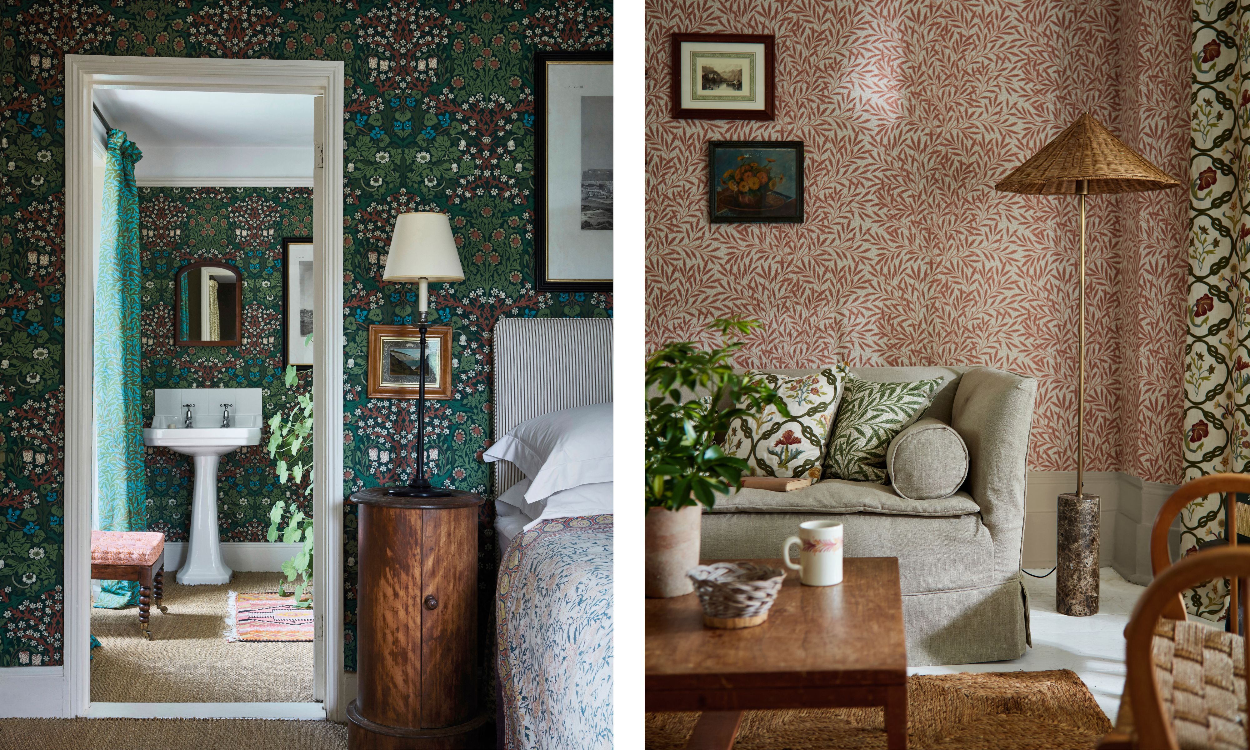 Two interiors showcasing traditional British style with patterned wallpaper by Morris & Co. The left image features a bedroom with dark green floral wallpaper leading into a coordinating bathroom, a striped headboard, and a vintage wooden side table. The right image shows a cozy living room with soft red leaf-patterned wallpaper, a neutral sofa with botanical cushions, a wooden coffee table, and a woven floor lamp, creating a warm and timeless look