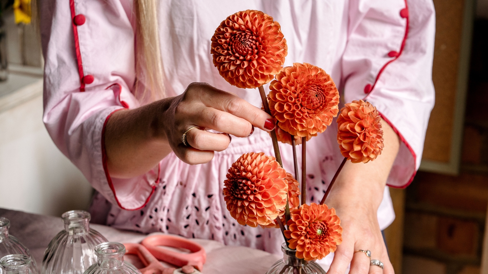 Hand placing orange ball dahlia stem into bud vase with five stems of same flower
