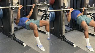 Lewis Paris demonstrates two positions of the inverted row exercise in a gym