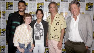 (L-R) Regé-Jean Page, Sophia Lillis, Michelle Rodriguez, Chris Pine, and Hugh Grant attend Paramount Pictures and eOne's Comic-Con presentation of "Dungeons & Dragons: Honor Among Thieves" on July 21, 2022.