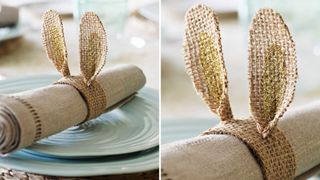 Hessian fabric crafted bunny ears as a place setting to show case a creative Easter table decoration idea