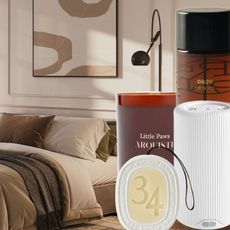 a bedroom with an assortment of home fragrance options from diptyque to dorsey