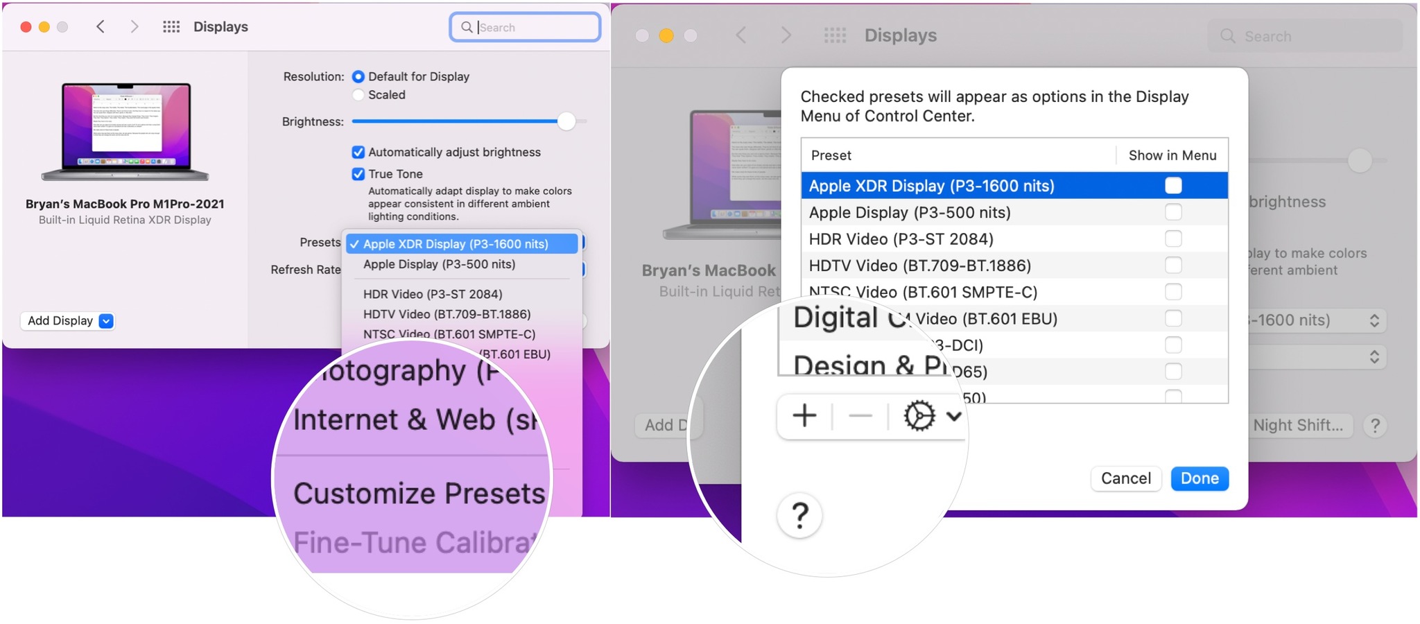 To create custom reference modes, click the Presets pop-up menu, then select Customize Presets. Choose the + icon at the bottom left.