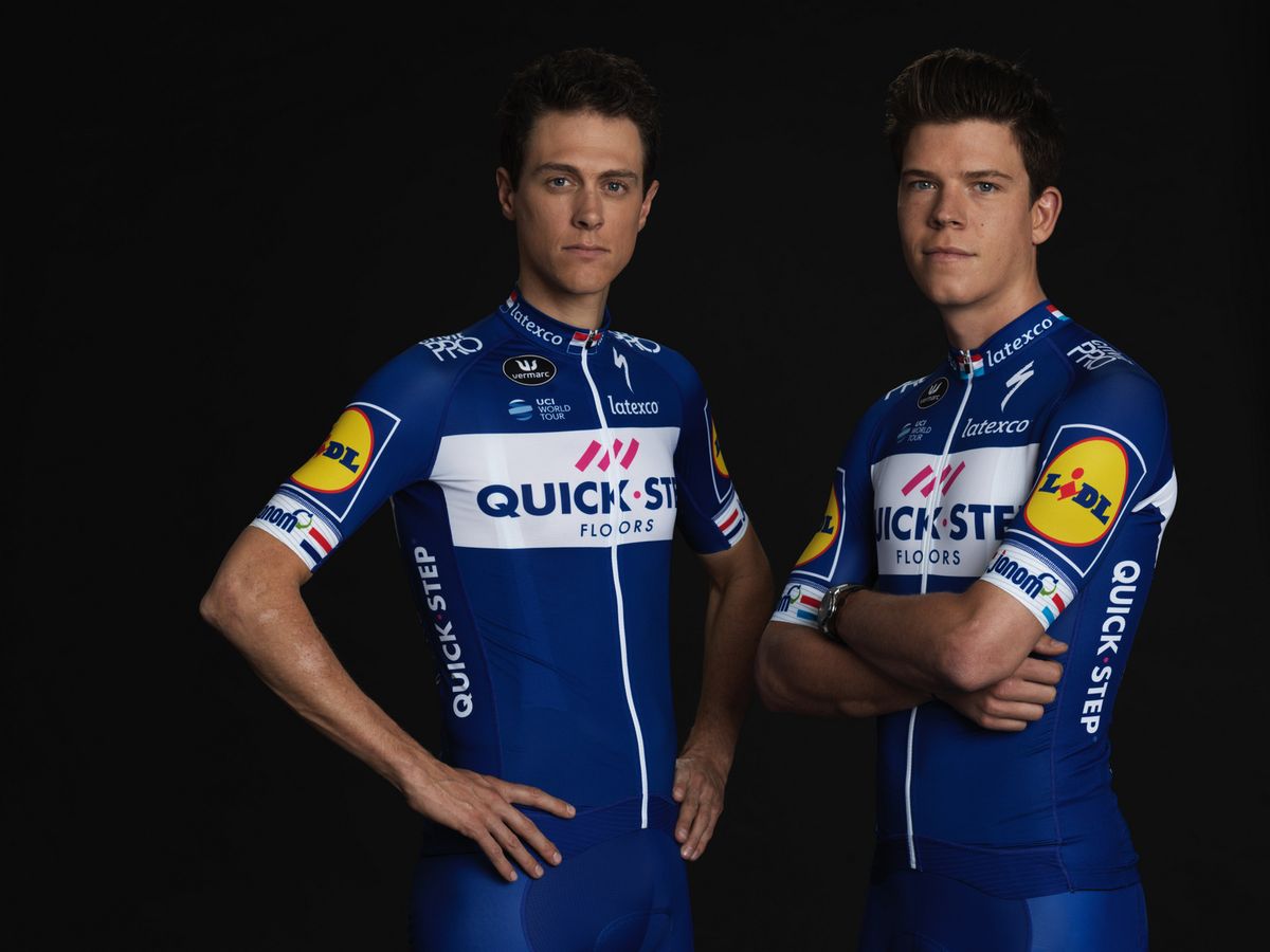 Niki Terpstra and Bob Jungels model the 2018 Quick-Step Floors team kit