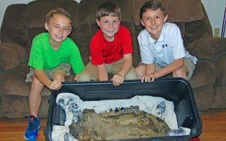 Shawn Sellers, left, Michael Mahalitc and Caid Sellers, display the lower left jawbone of a mastodon they found in a plowed up area of their family's property in the Bovina area in Vicksburg, Miss. 