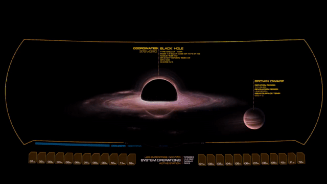 A view of a black hole on the viewscreen of the USS Enterprise.