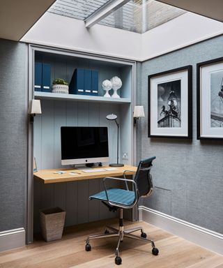 Paint and wallpaper ideas in a pale gray and powder blue home office.