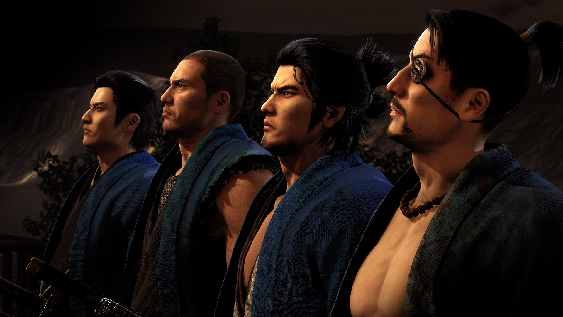 Samurai versions of classic Yakuza series characters standing in a row looking up and to the left of the screen.