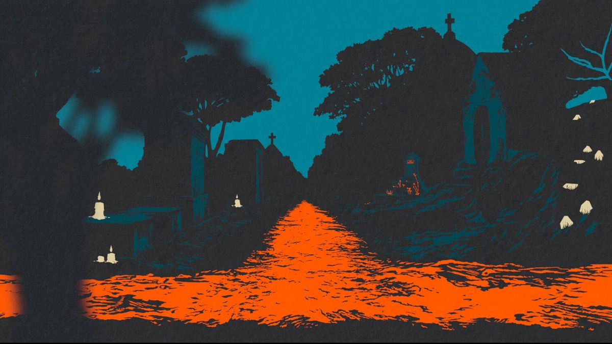 Hand-drawn game art in orange and teal colours for the upcoming video game I Shall Name the Dead