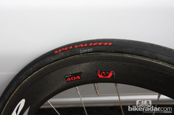 New Specialized tubular tires mounted to Zipp carbon rims on Levi Leipheimer's (Omega Pharma-QuickStep) Specialized S-Works Tarmac SL4.
