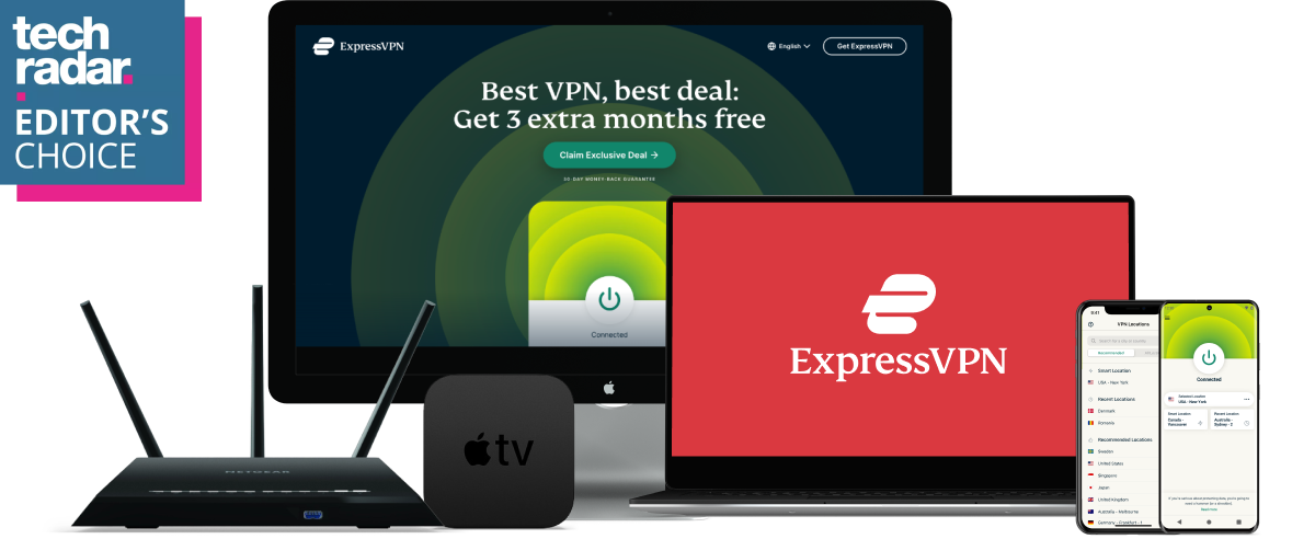 ExpressVPN-appen på en PC, en laptop og en mobiltelefon