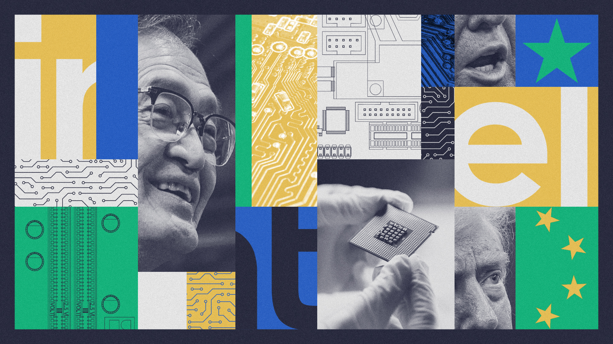 Photo composite illustration of Intel CEO Lip-Bu Tan, Donald Trump, and computer chips