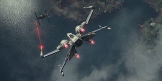 X-Wing attacking TIE Fighter in Star Wars: The Force Awakens